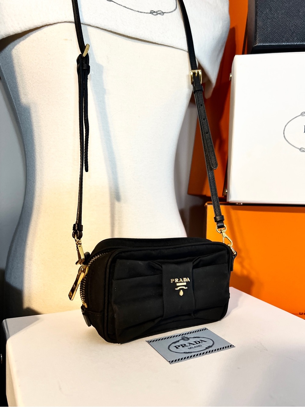 Prada Black Nylon Crossbody Bow Pouch with Gold Hardware!🌟Offers always welcome!